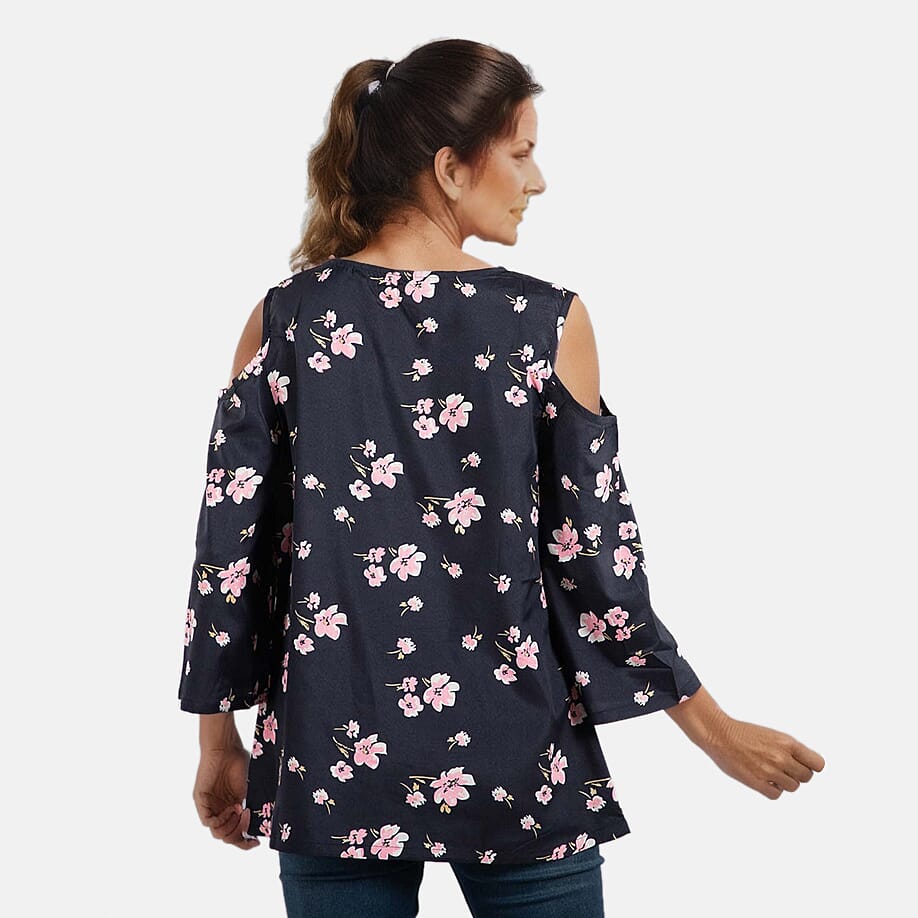 Floral Pattern Off Shoulder Top (Size 12) - Navy - Pink