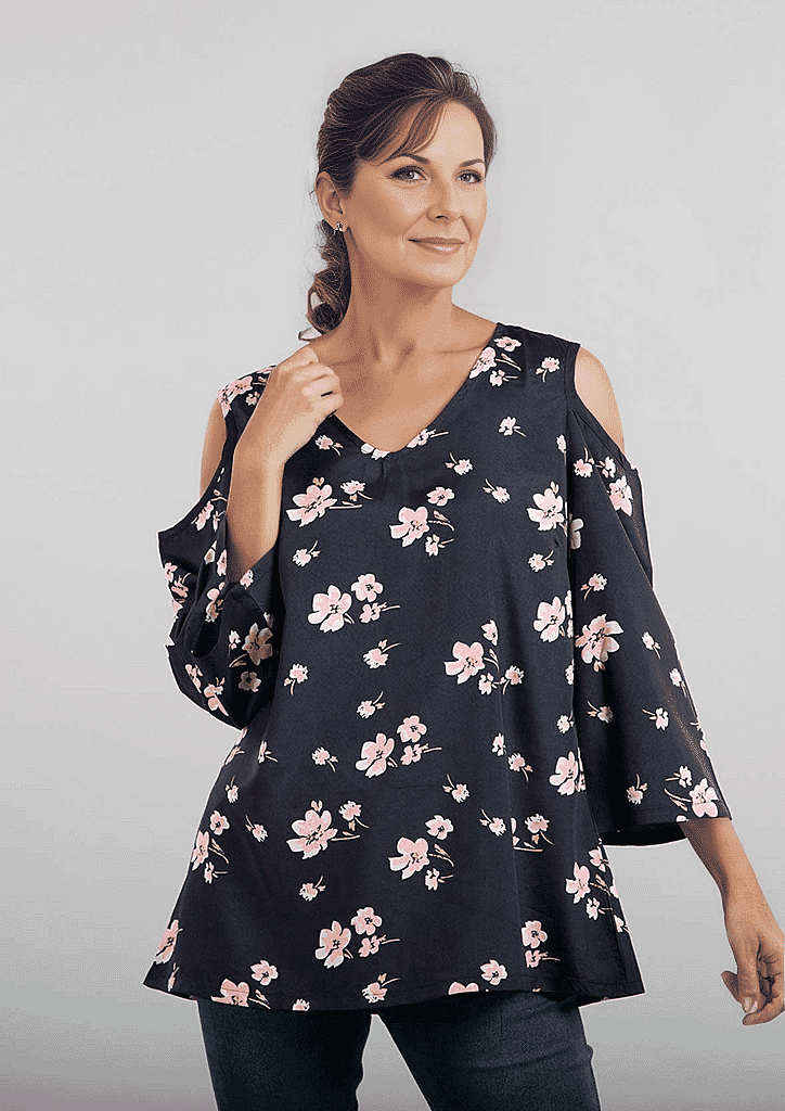 Floral Pattern Off Shoulder Top (Size 12) - Navy - Pink