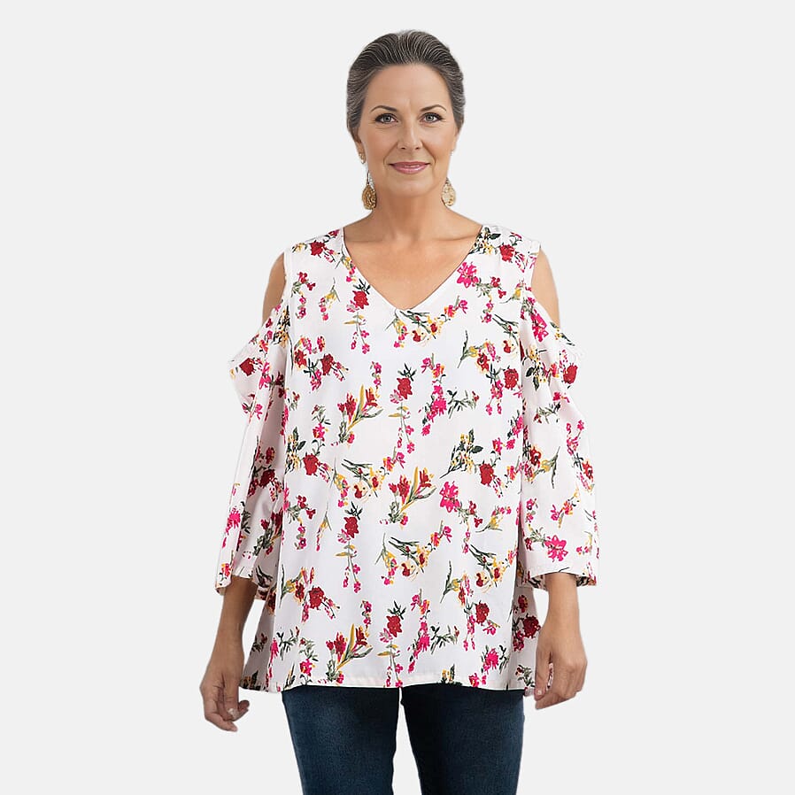 Floral Pattern Off Shoulder Top (Size 14) - Off White - Multi