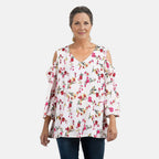 Floral Pattern Off Shoulder Top (Size 14) - Off White - Multi
