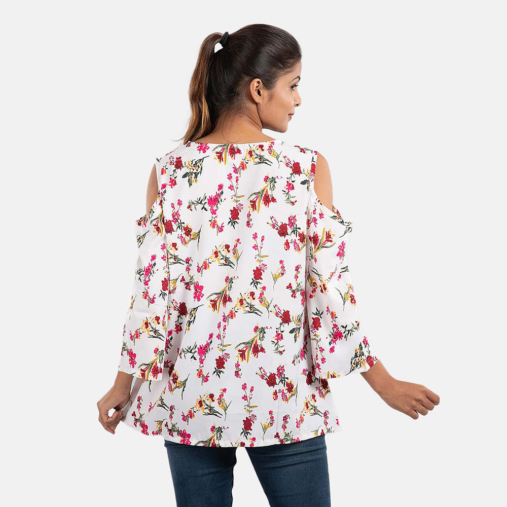 Floral Pattern Off Shoulder Top (Size 14) - Off White - Multi