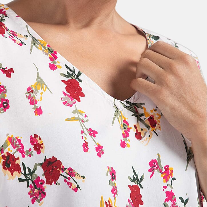 Floral Pattern Off Shoulder Top (Size 14) - Off White - Multi