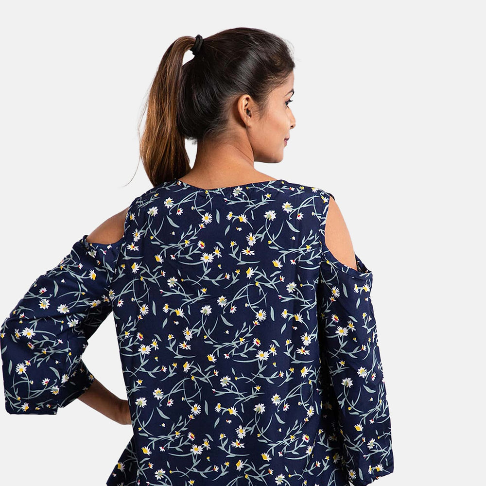 Floral Pattern Off Shoulder Top (Size 14) - Navy