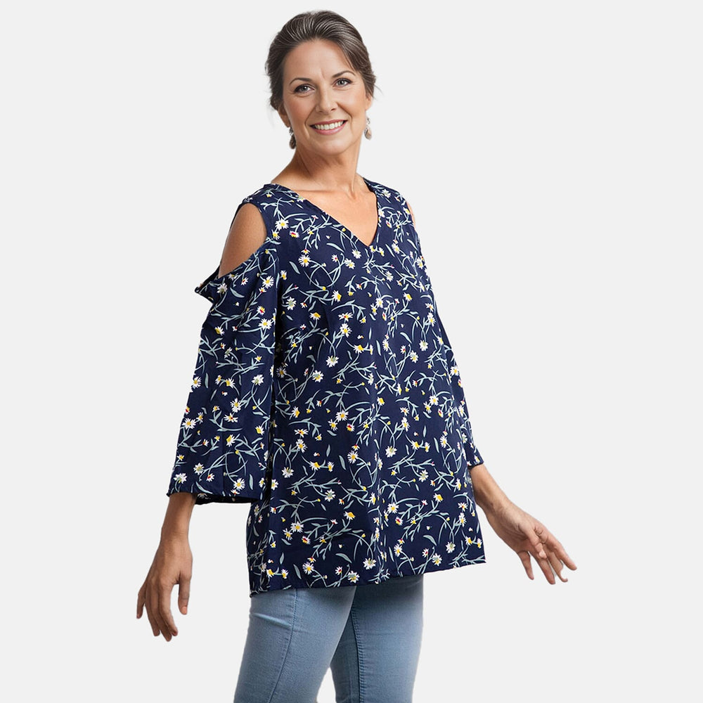 Floral Pattern Off Shoulder Top (Size 14) - Navy
