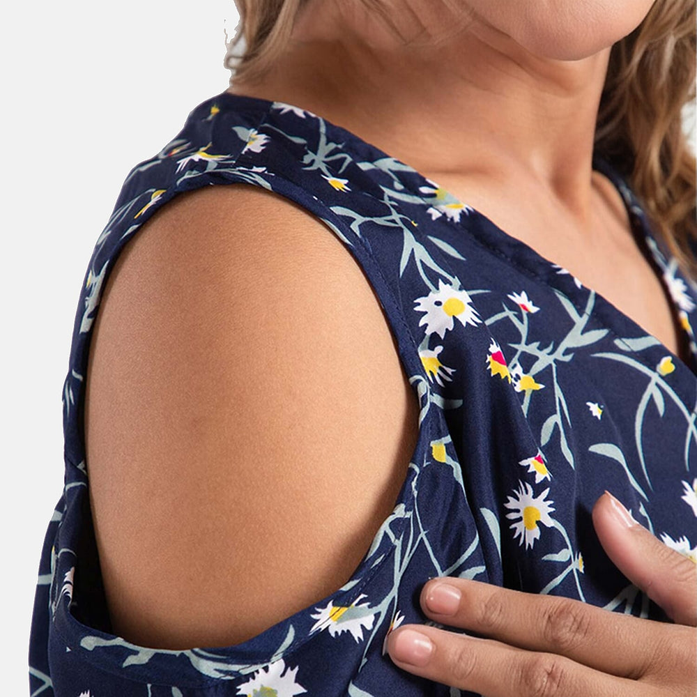 Floral Pattern Off Shoulder Top (Size 14) - Navy