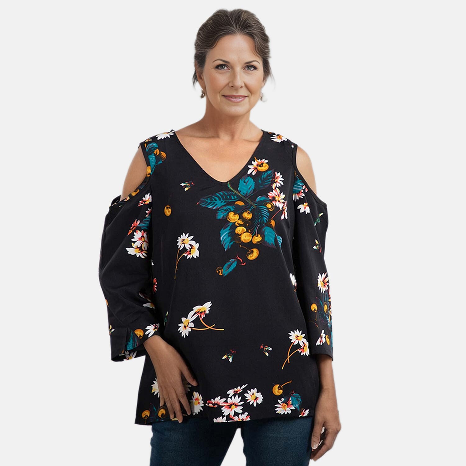 Floral Pattern Off Shoulder Top (Size 14) - Blue and Aqua
