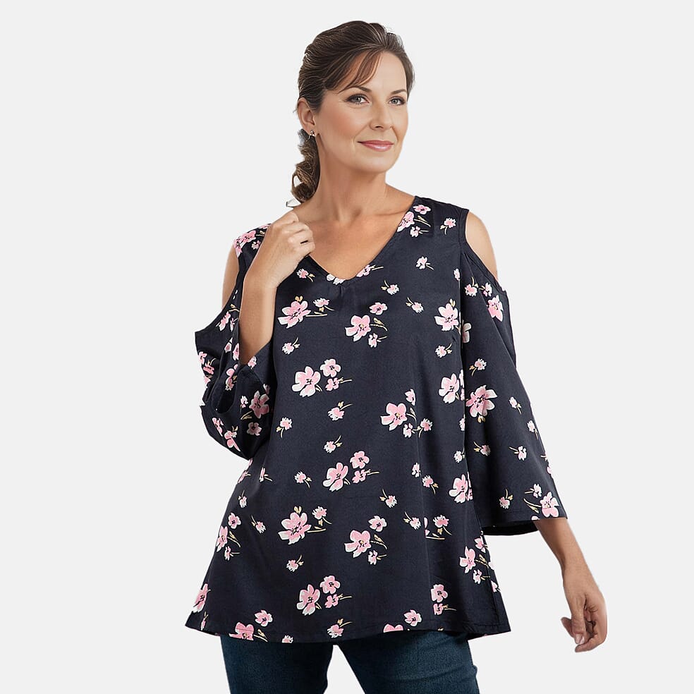 Floral Pattern Off Shoulder Top (Size 16) - Navy - Pink