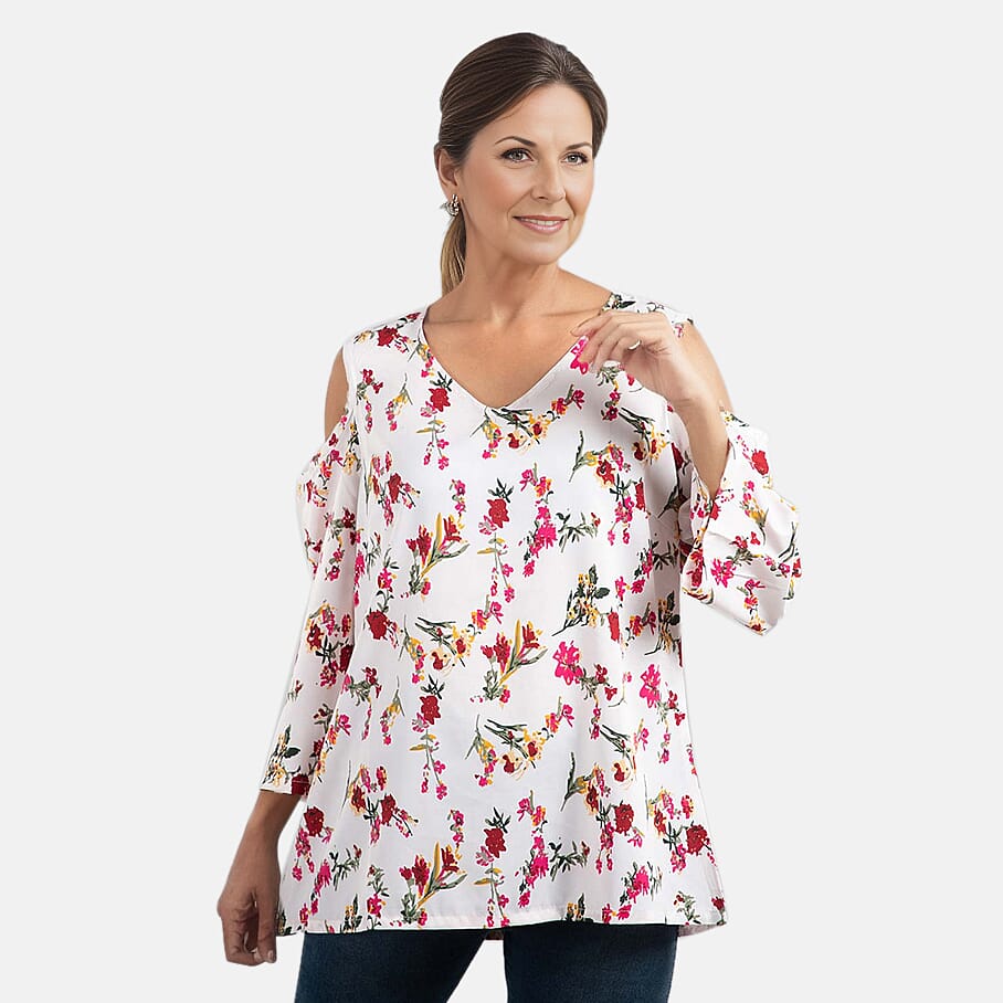 Floral Pattern Cold Shoulder Viscose Top (Size 16) - Off White & Multi