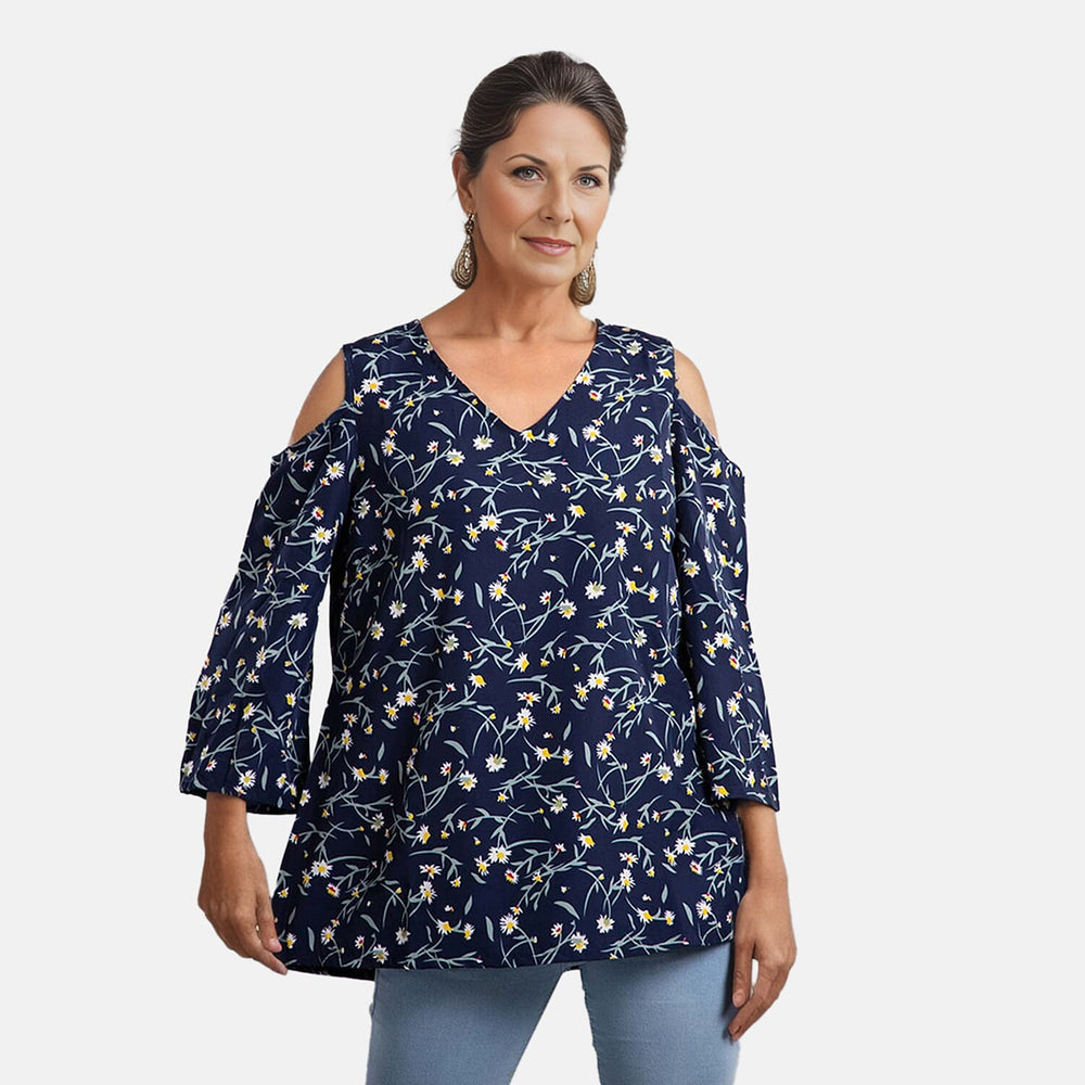 Floral Pattern Off Shoulder Top (Size 18) - Navy