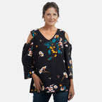 Floral Pattern Cold Shoulder Viscose Top (Size 18) - Blue and Aqua