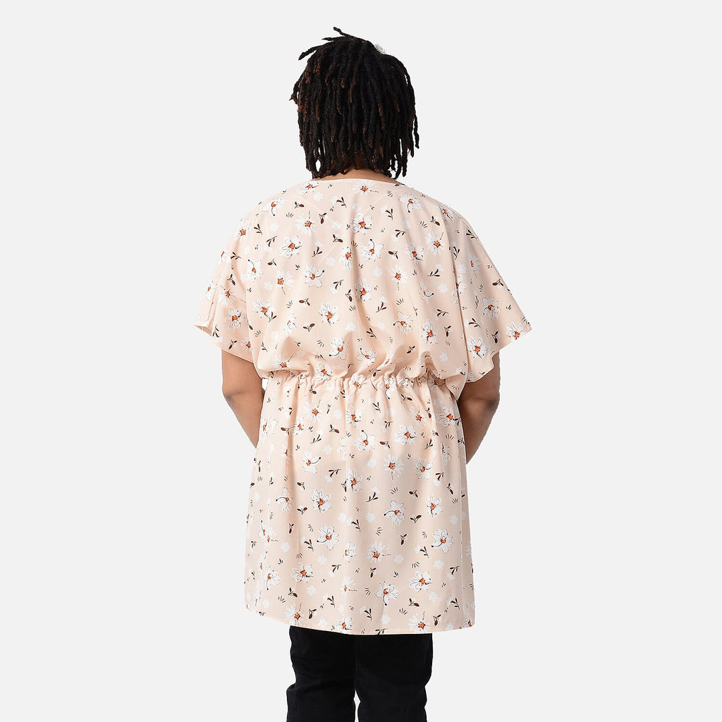 Floral Pattern Shirt with Waist Belt (One Size) - Beige