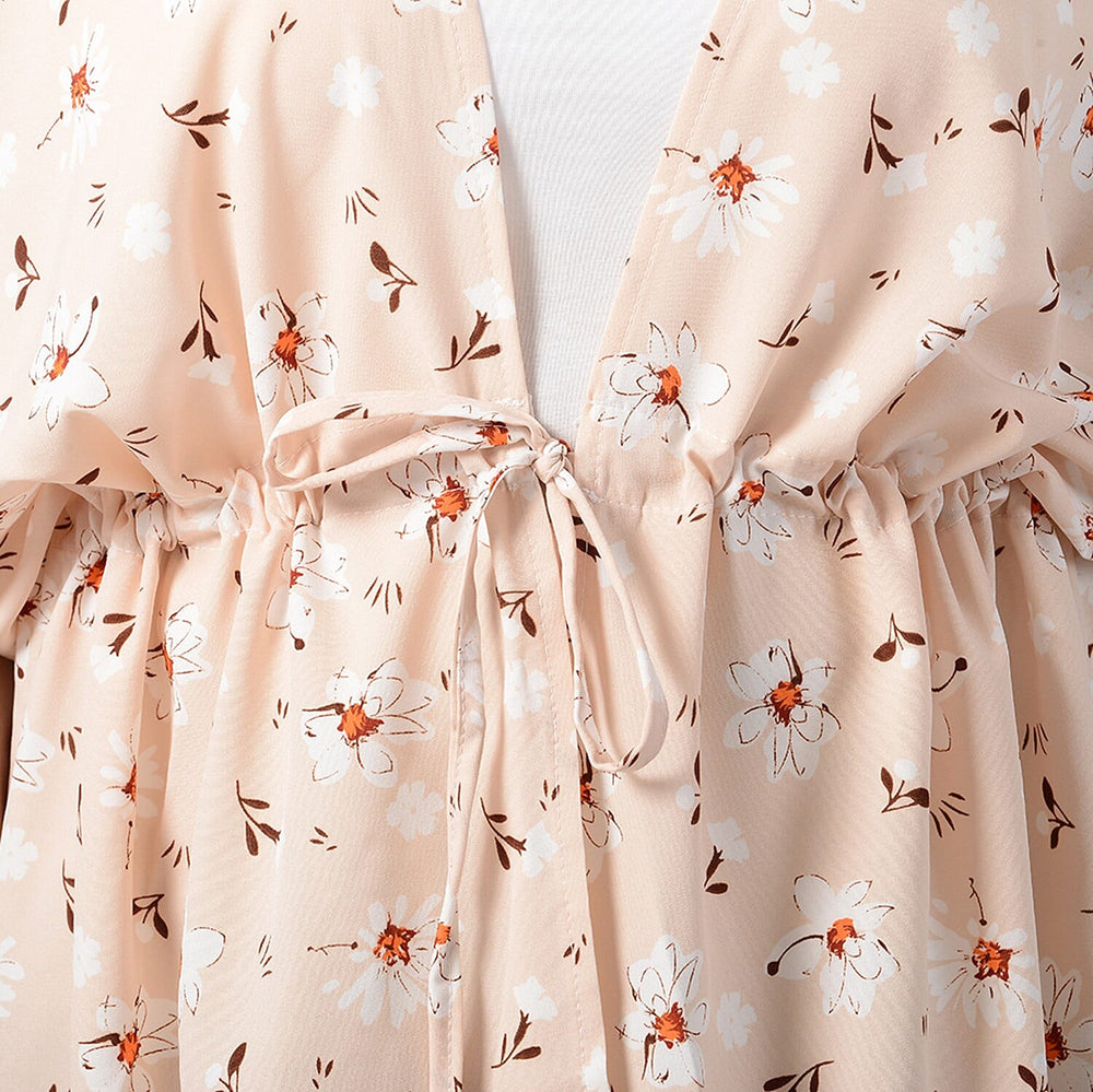 Floral Pattern Shirt with Waist Belt (One Size) - Beige