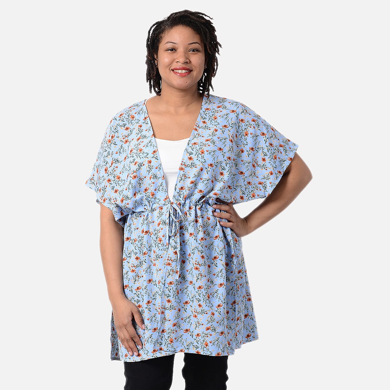 Floral Pattern Shirt with Waist Belt (One Size) - Blue