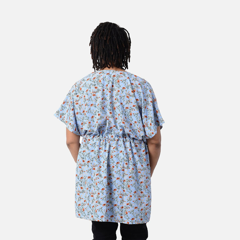 Floral Pattern Shirt with Waist Belt (One Size) - Blue