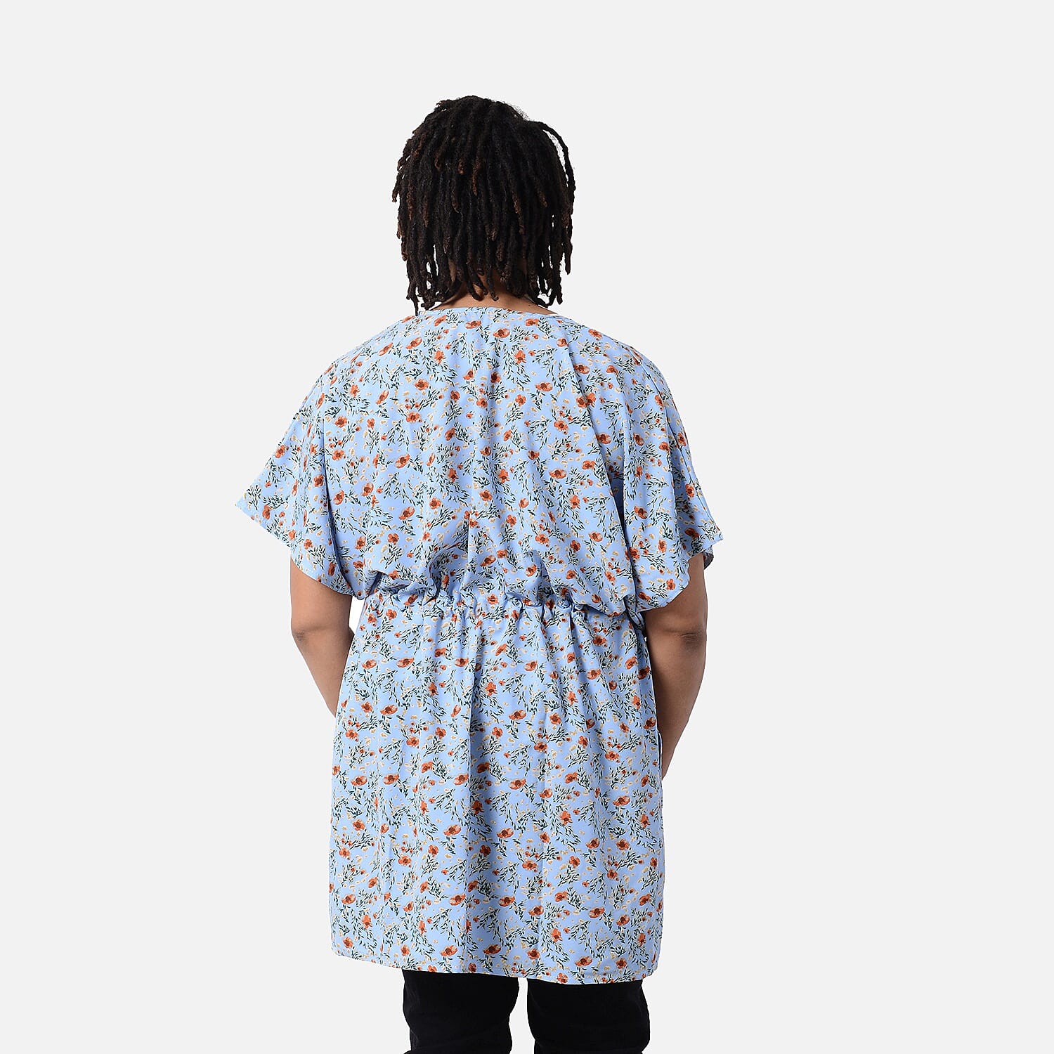 Floral Pattern Shirt with Waist Belt (One Size) - Blue