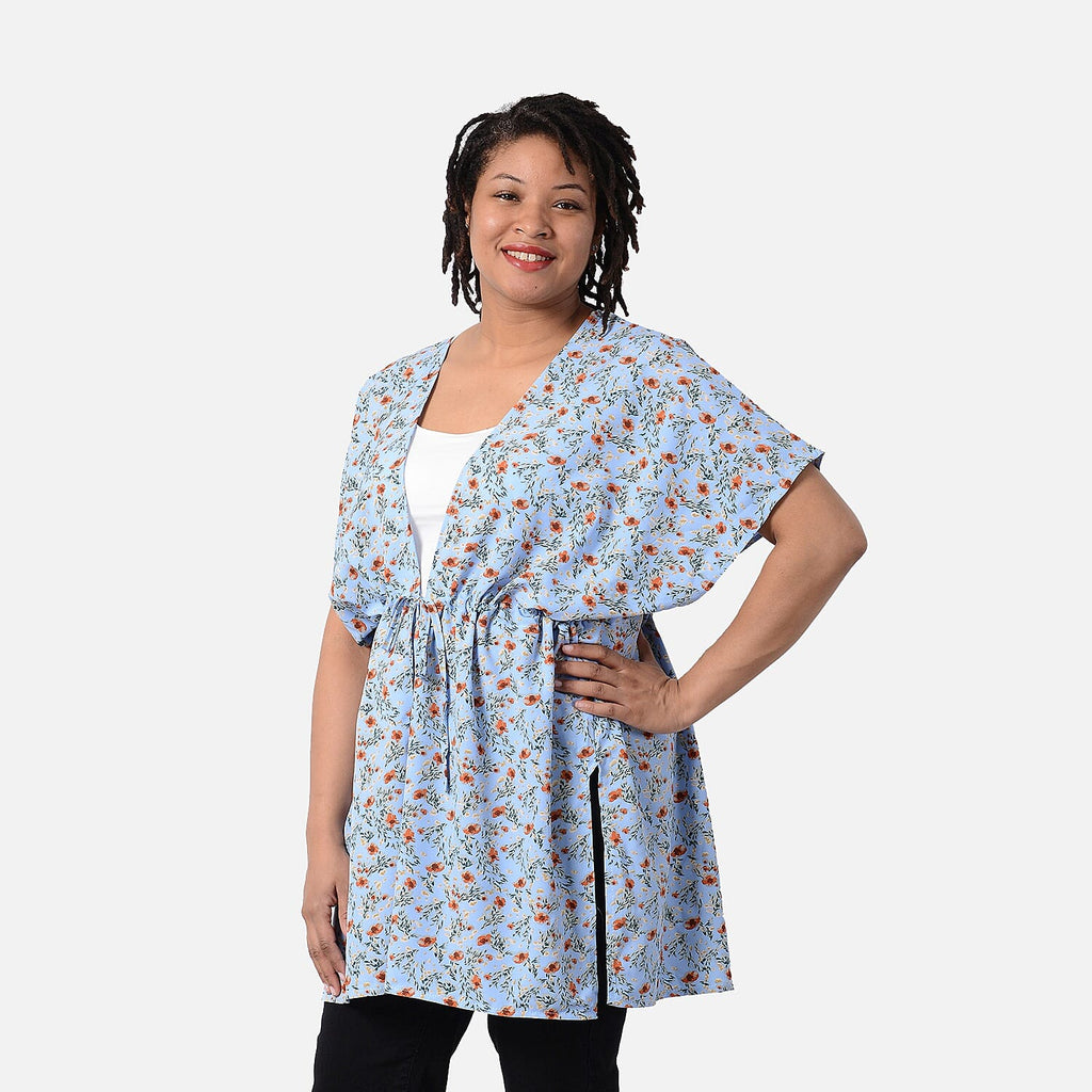 Floral Pattern Shirt with Waist Belt (One Size) - Blue