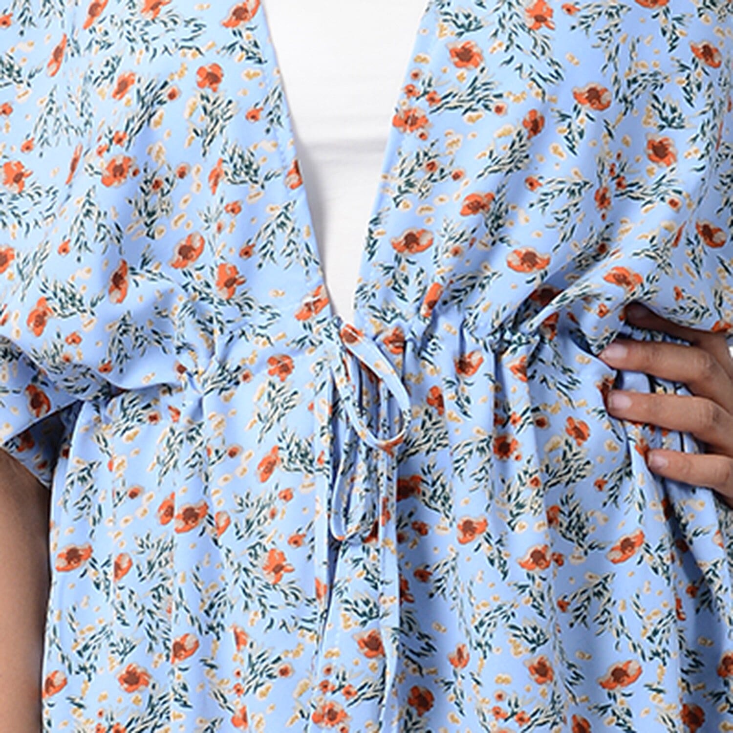 Floral Pattern Shirt with Waist Belt (One Size) - Blue