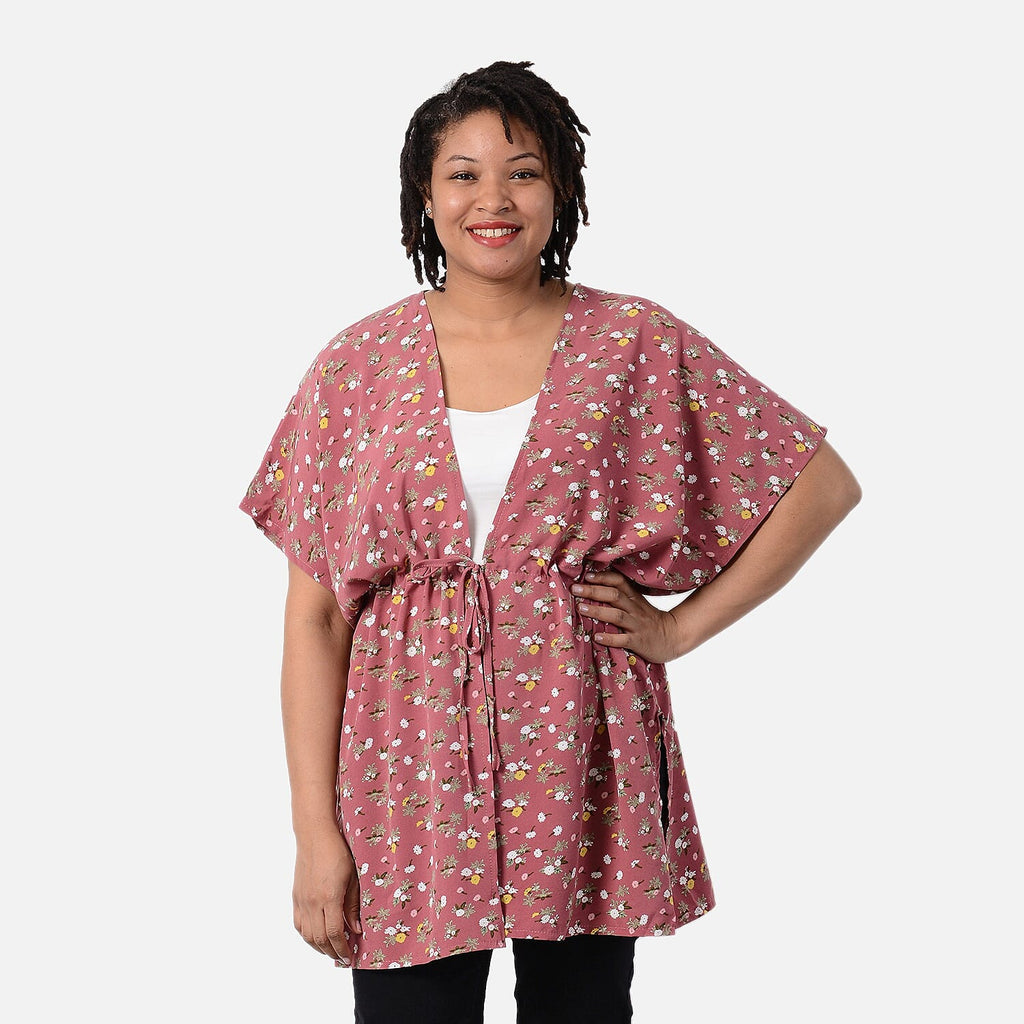 Floral Pattern Shirt with Waist Belt (One Size) - Pink