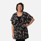 Floral Pattern Spring Top with Waist Belt (One Size) - Black