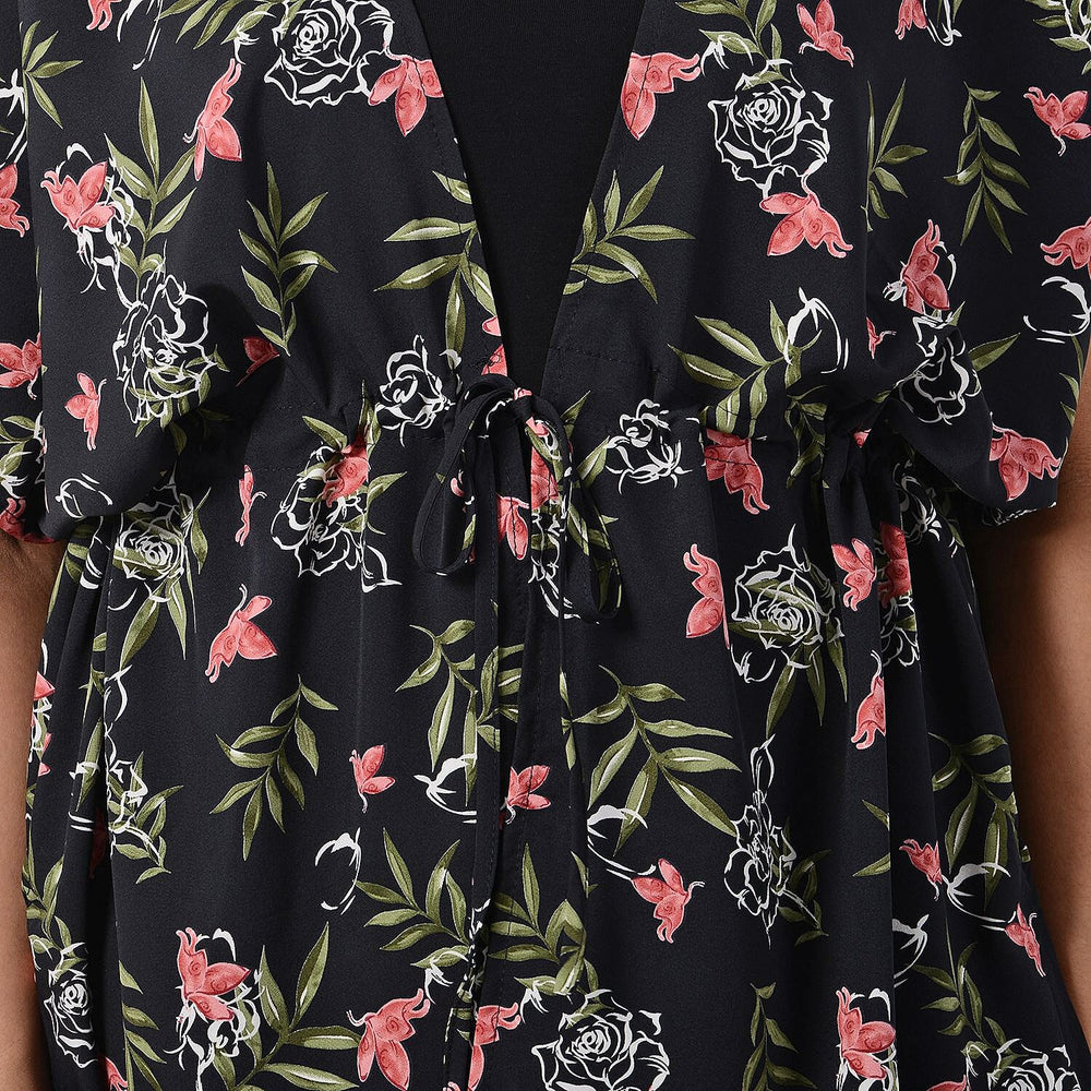 Floral Pattern Spring Top with Waist Belt (One Size) - Black