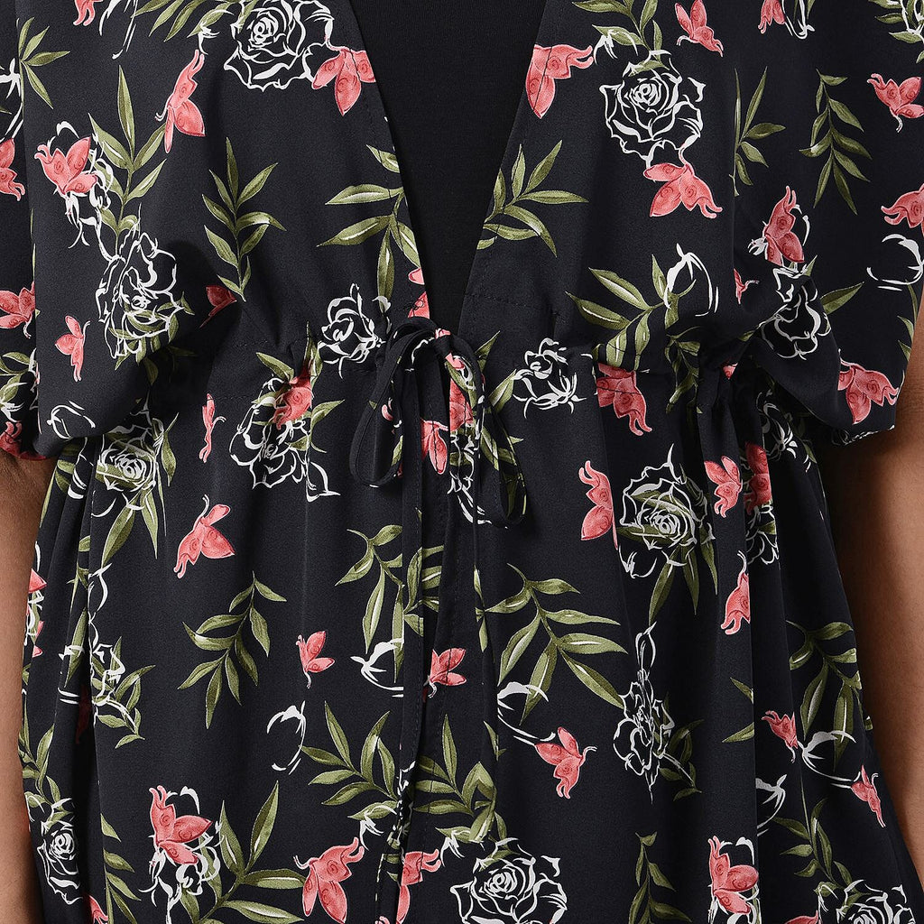 Floral Pattern Spring Top with Waist Belt (One Size) - Black