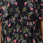 Floral Pattern Spring Top with Waist Belt (One Size) - Black