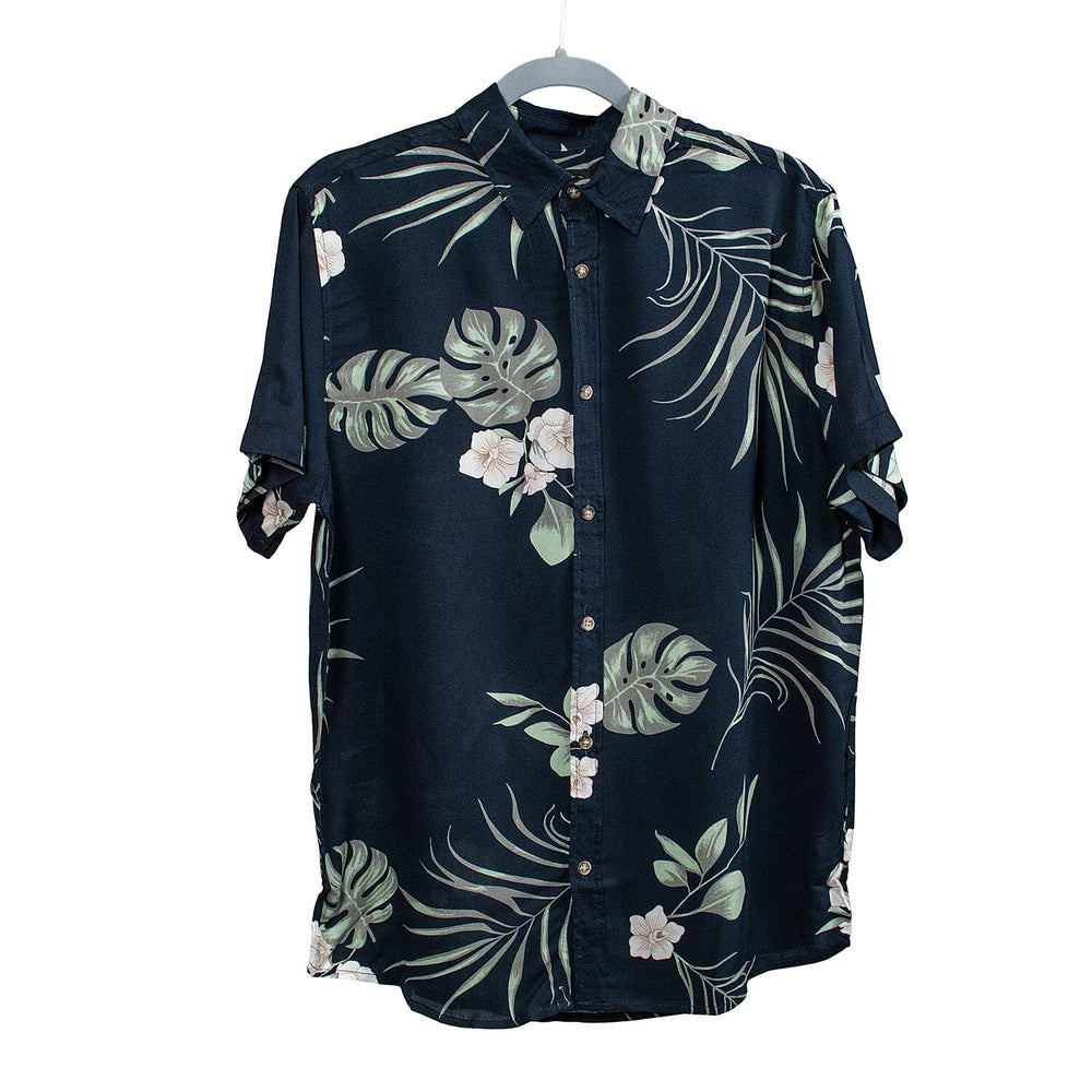 Floral Print Half Sleeves Mens Shirt (Size L) - Navy