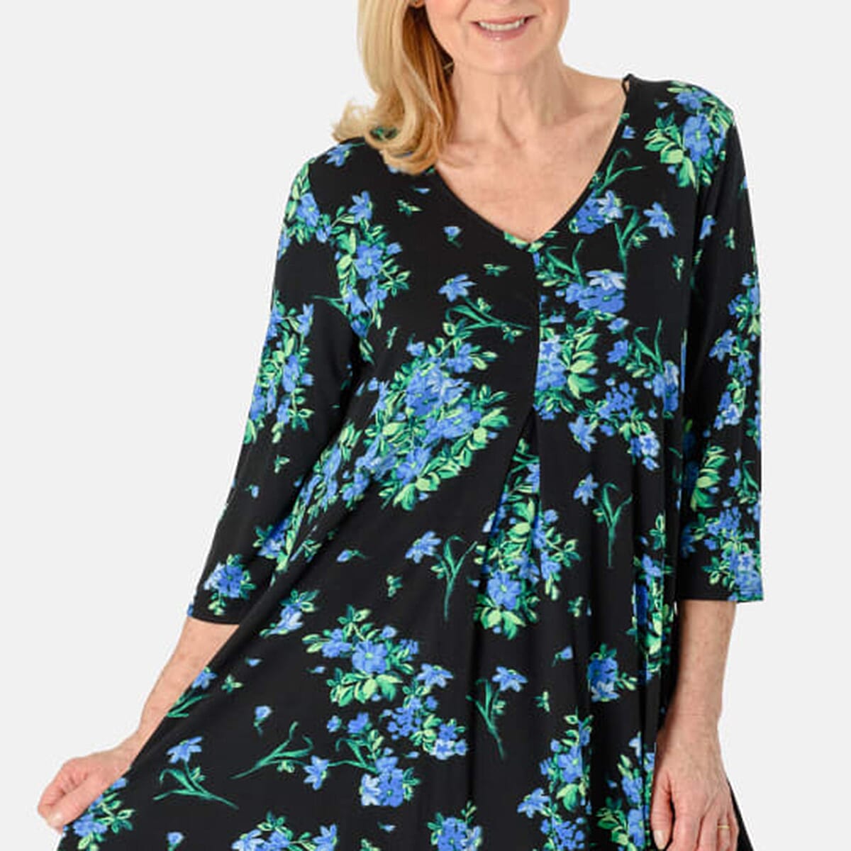 Floral Printed V-Neck Jesey Tunic Top (Size 18) - Black Multi