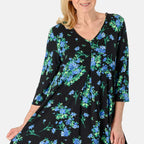 Floral Printed V-Neck Jesey Tunic Top (Size 20) - Black Multi