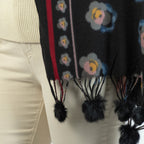 Floral Stripe & Faux Fur Pom Pom Scarf - Black