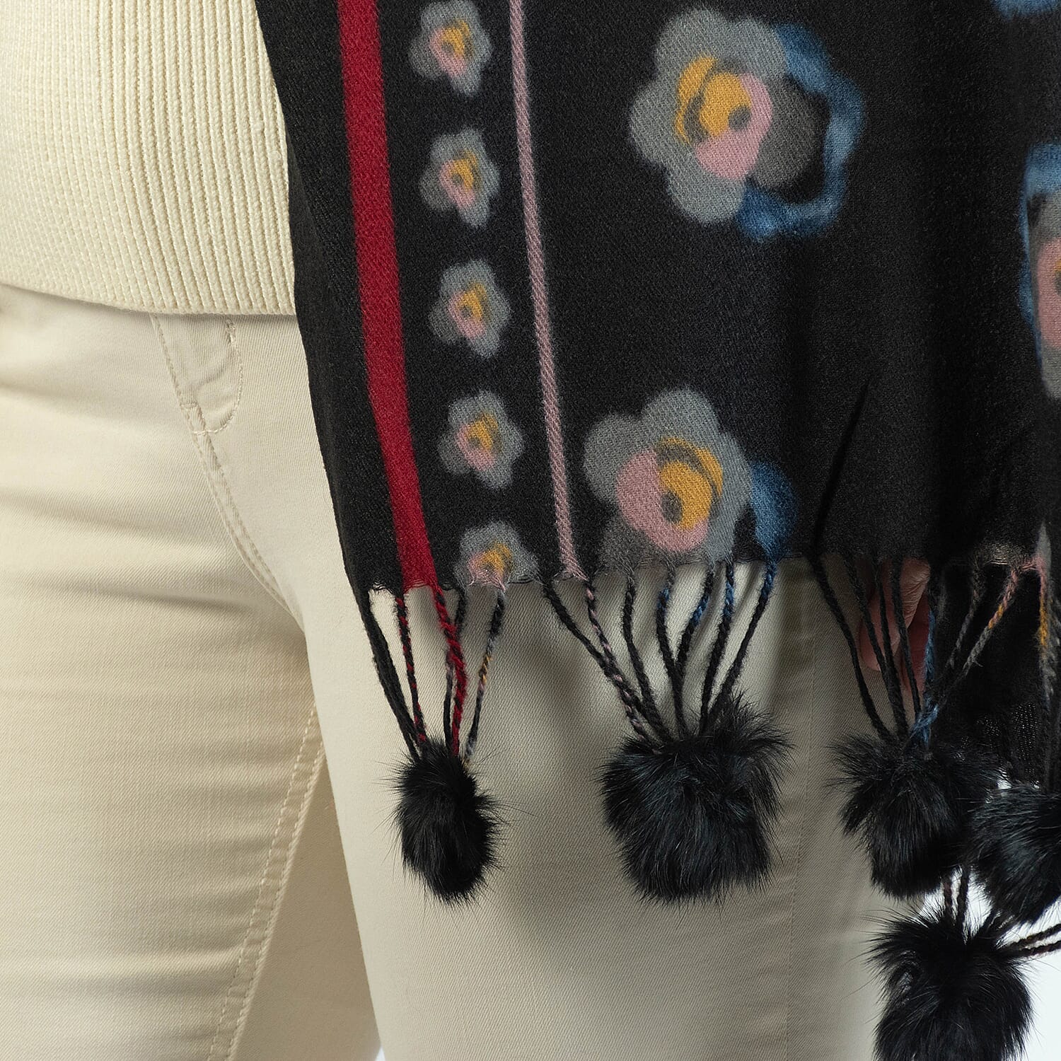 Floral Stripe & Faux Fur Pom Pom Scarf - Black