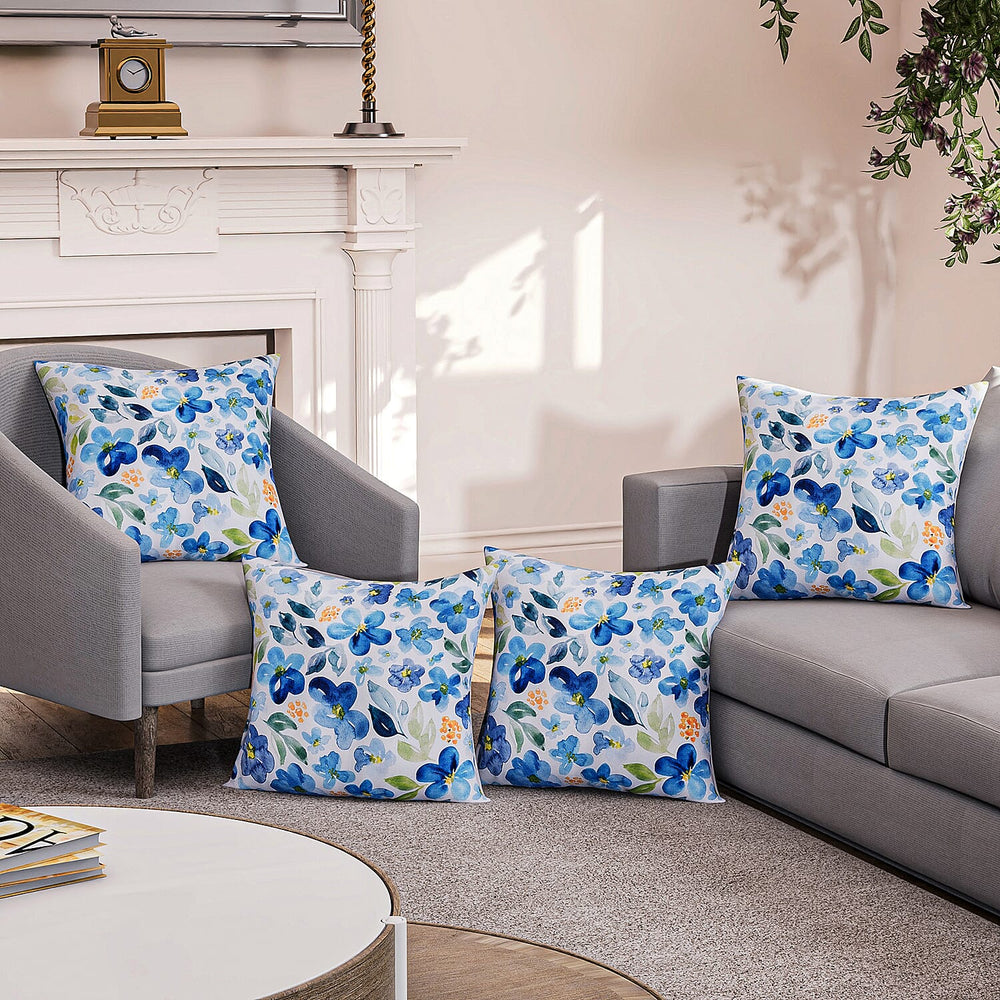 4-Piece Waterproof Outdoor Cushion Covers (Size 45x45cm) - Blue - Green Floral Print