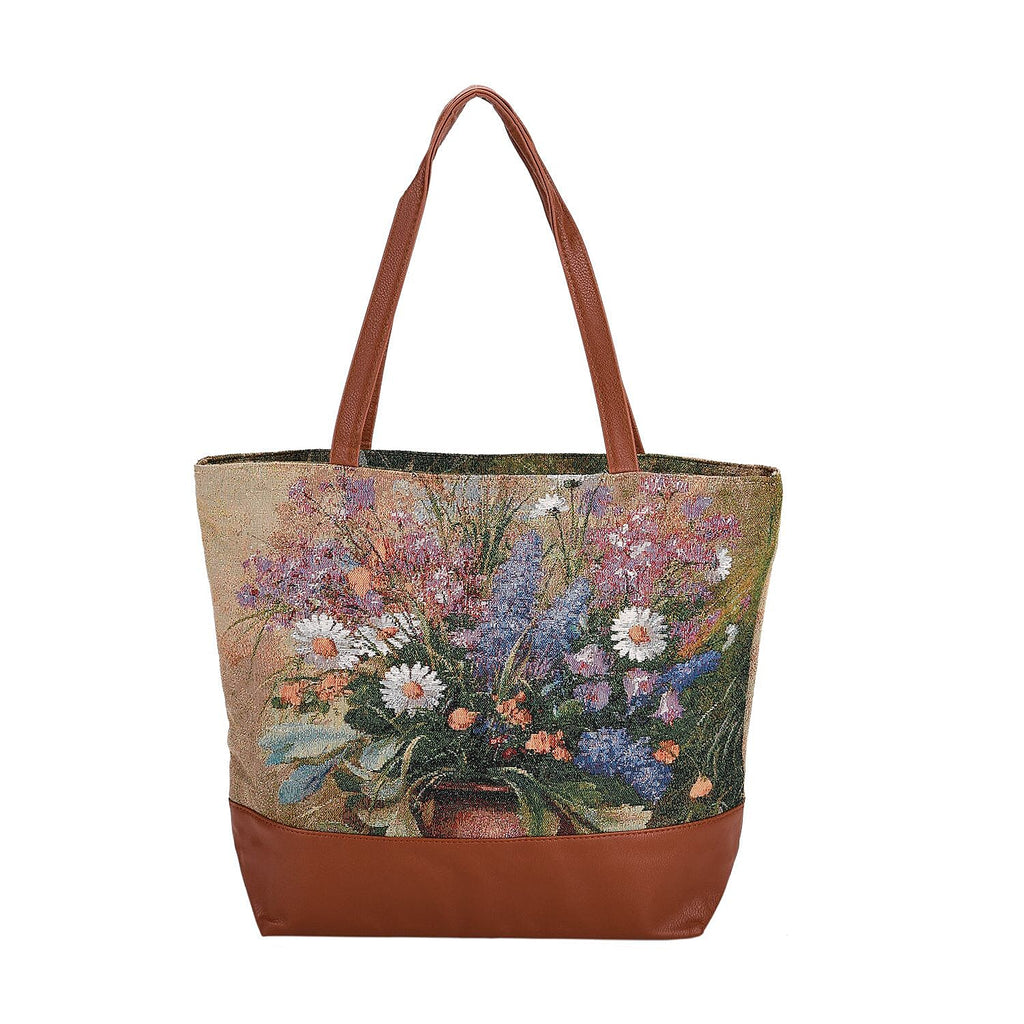 Daisy Floral Print Jacquard Tote Bag - Green & White