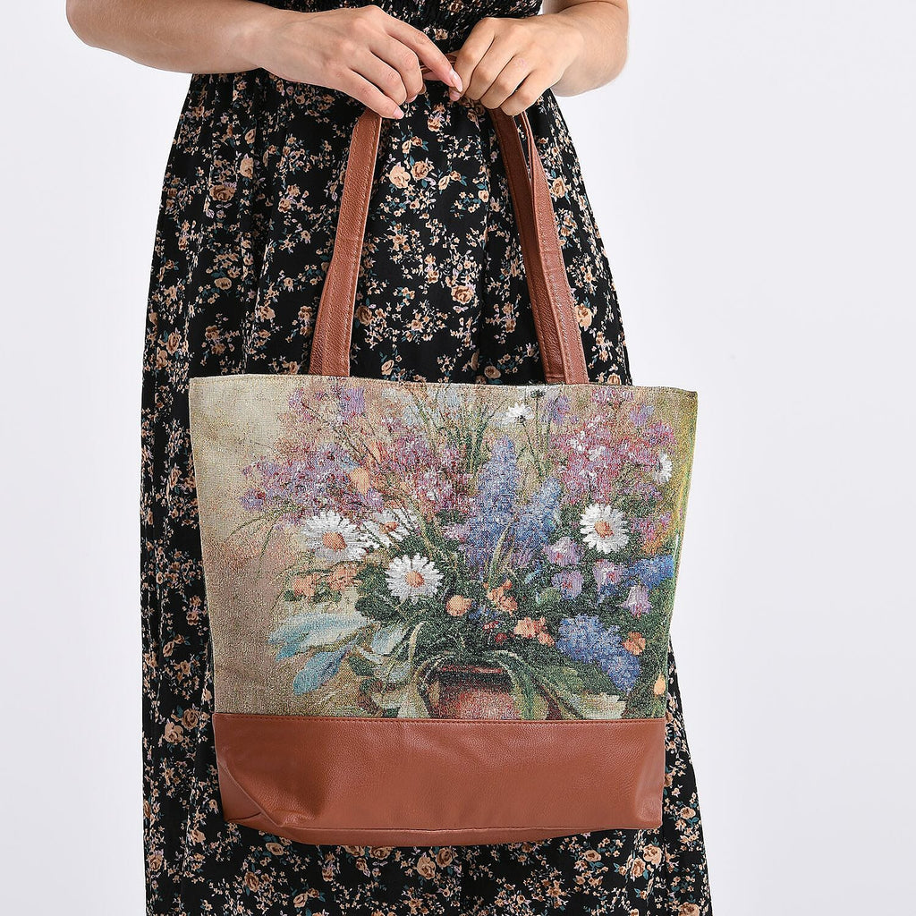 Daisy Floral Print Jacquard Tote Bag - Green & White