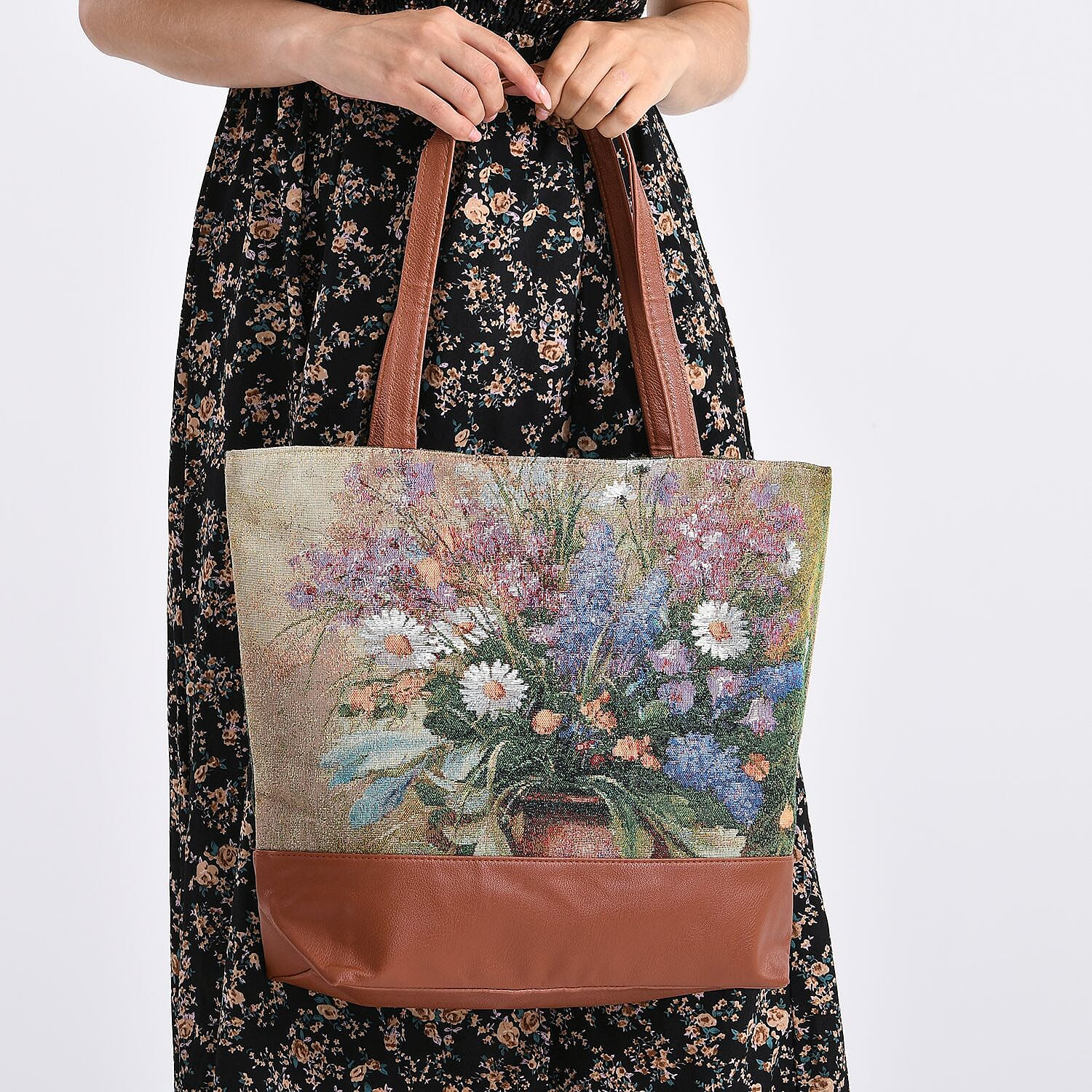 Daisy Floral Print Jacquard Tote Bag - Green & White