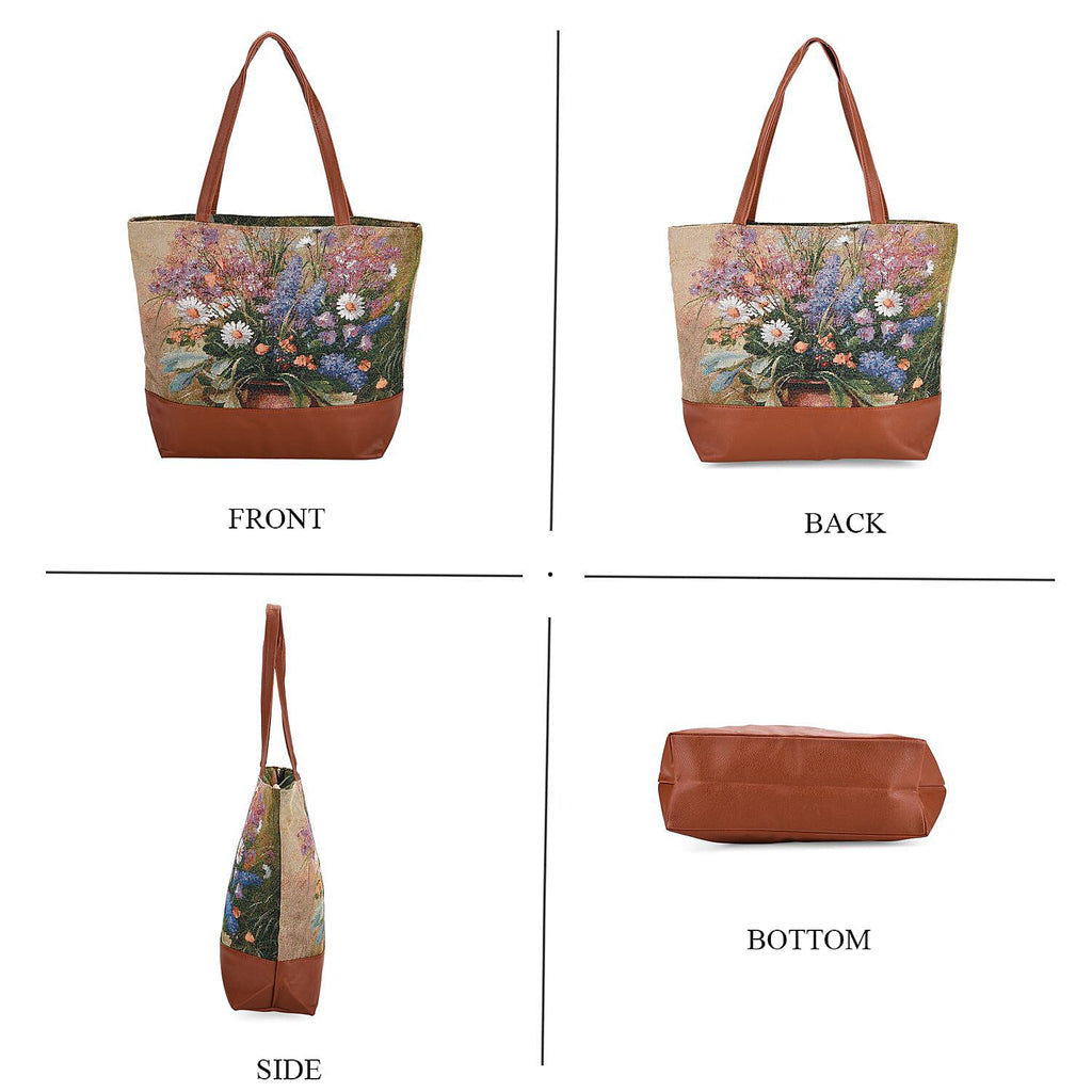 Daisy Floral Print Jacquard Tote Bag - Green & White