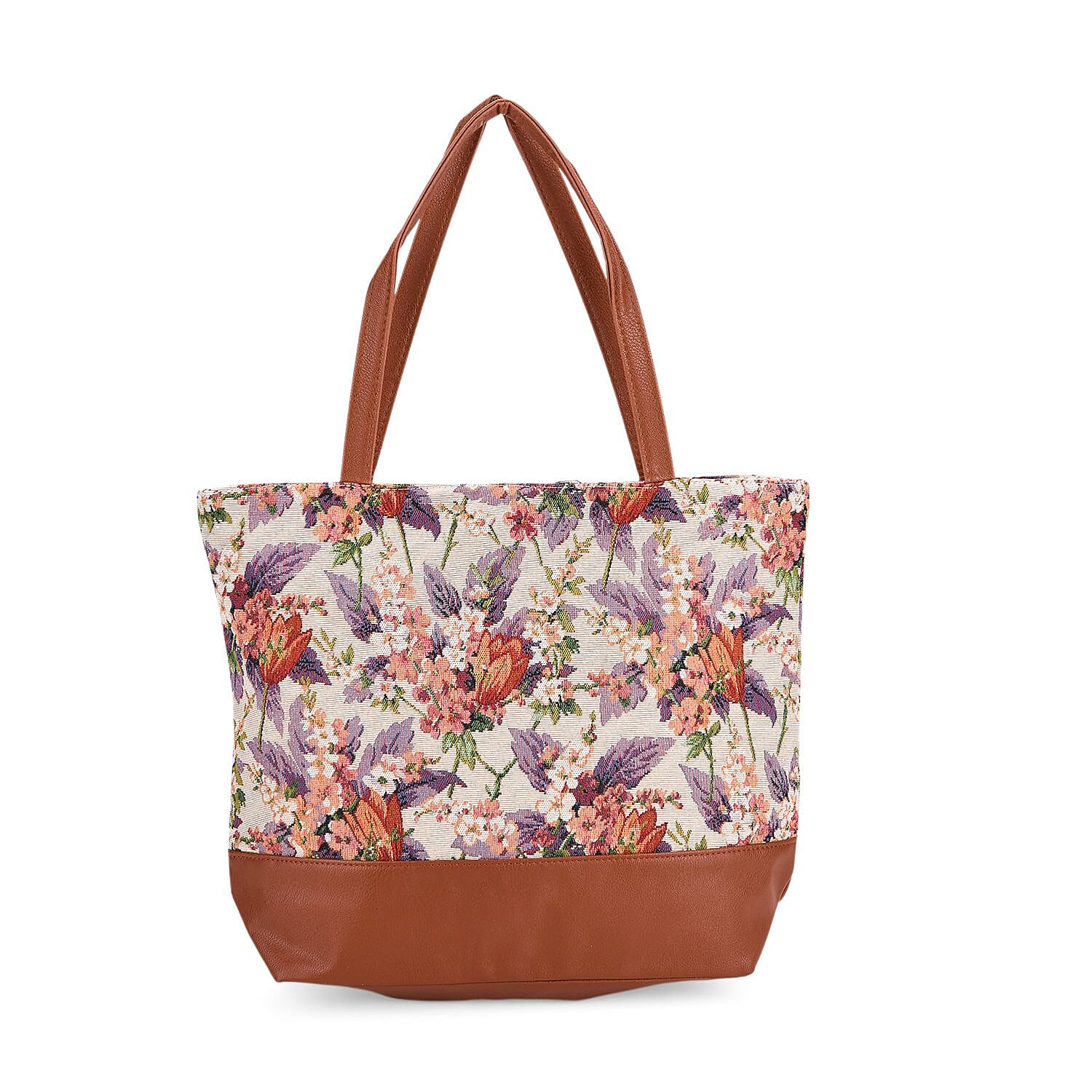 Floral Print Jacquard Tote Bag - Beige & Multicolour