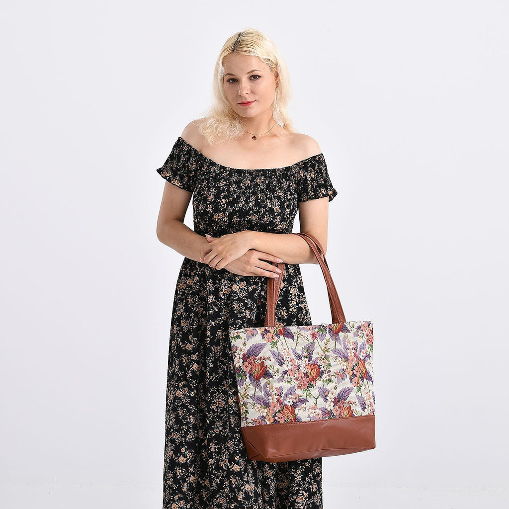 Floral Print Jacquard Tote Bag - Beige & Multicolour
