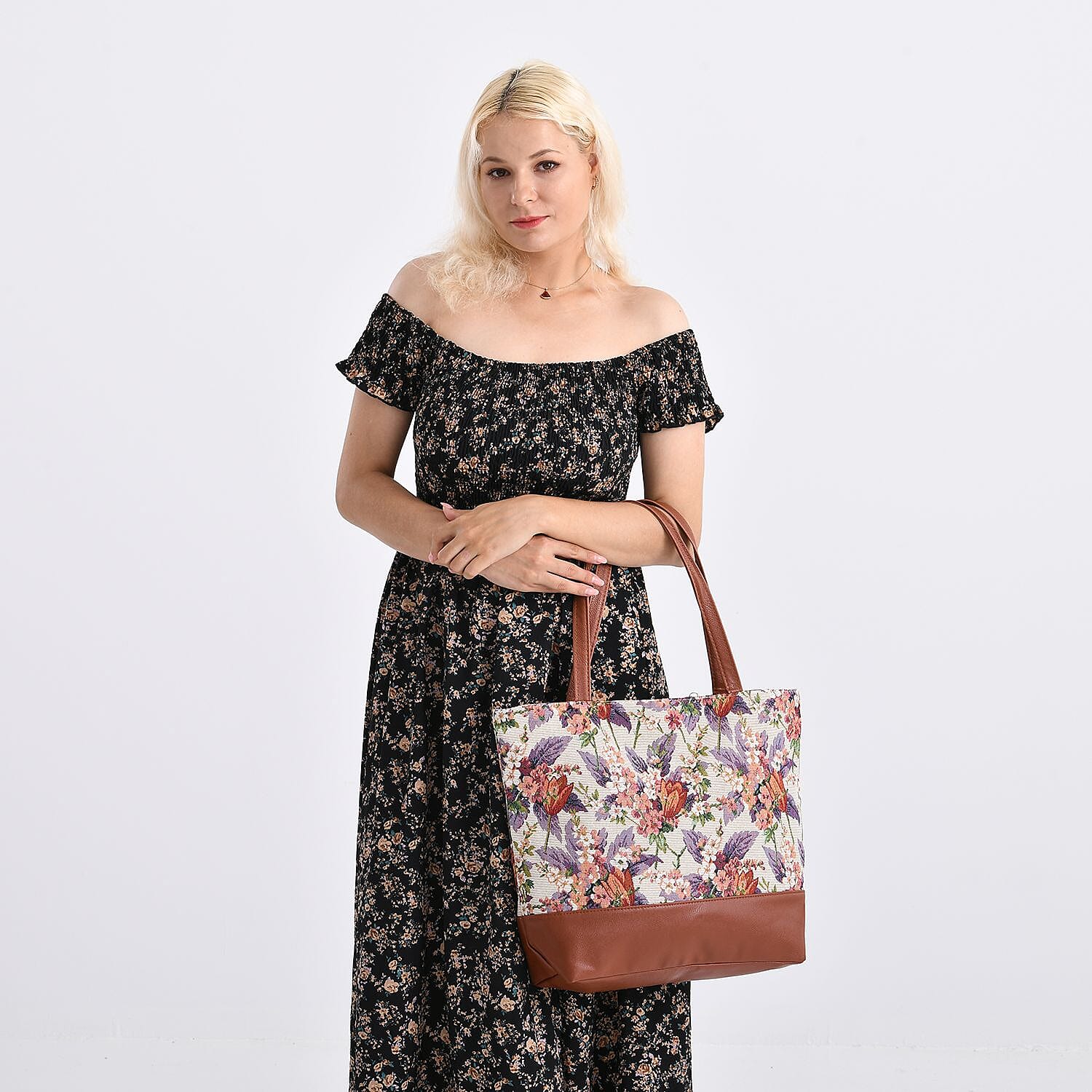 Floral Print Jacquard Tote Bag - Beige & Multicolour