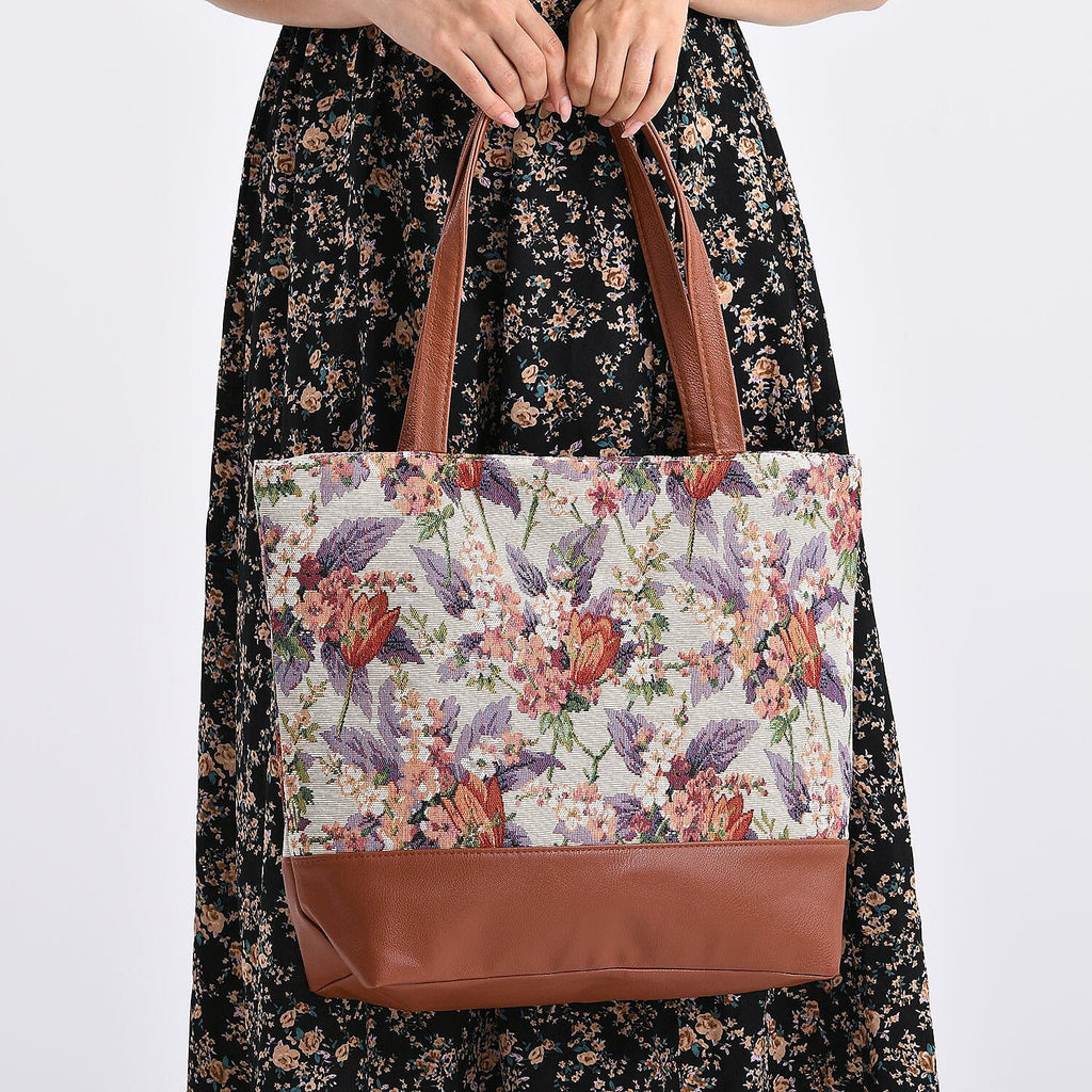 Floral Print Jacquard Tote Bag - Beige & Multicolour