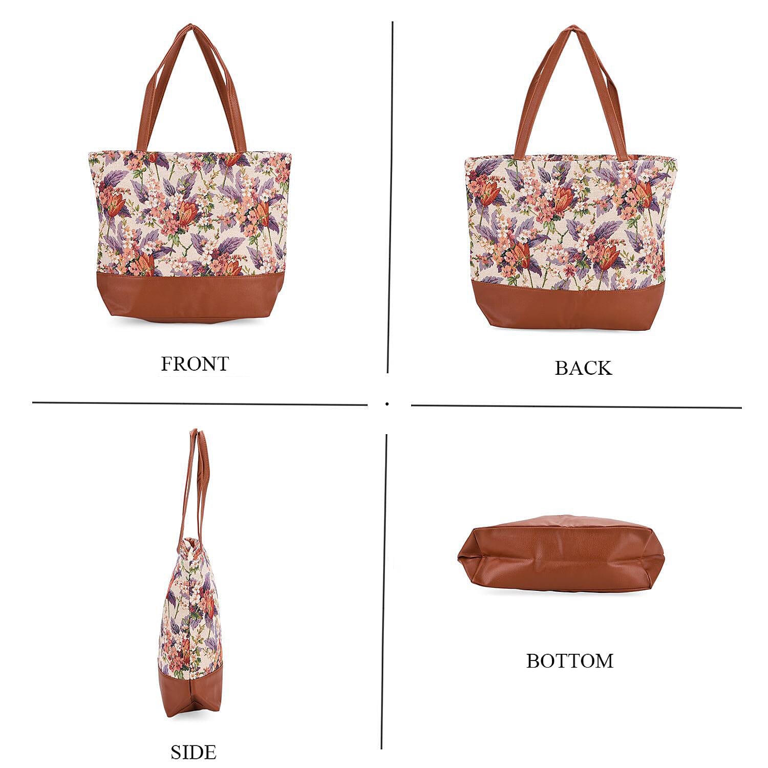 Floral Print Jacquard Tote Bag - Beige & Multicolour