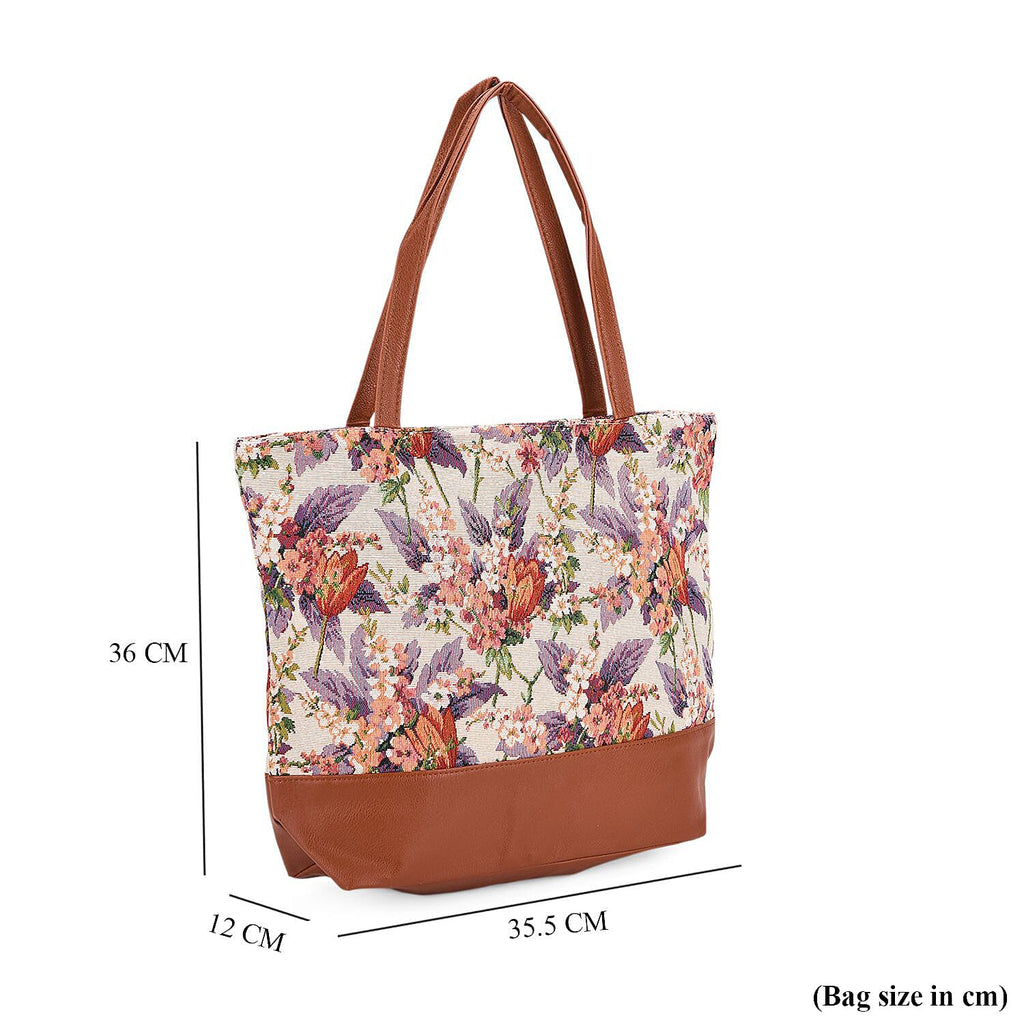 Floral Print Jacquard Tote Bag - Beige & Multicolour