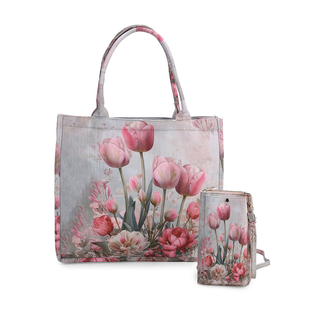 2 Piece Set - Flower Pattern Tote Bag and Crossbody Bag