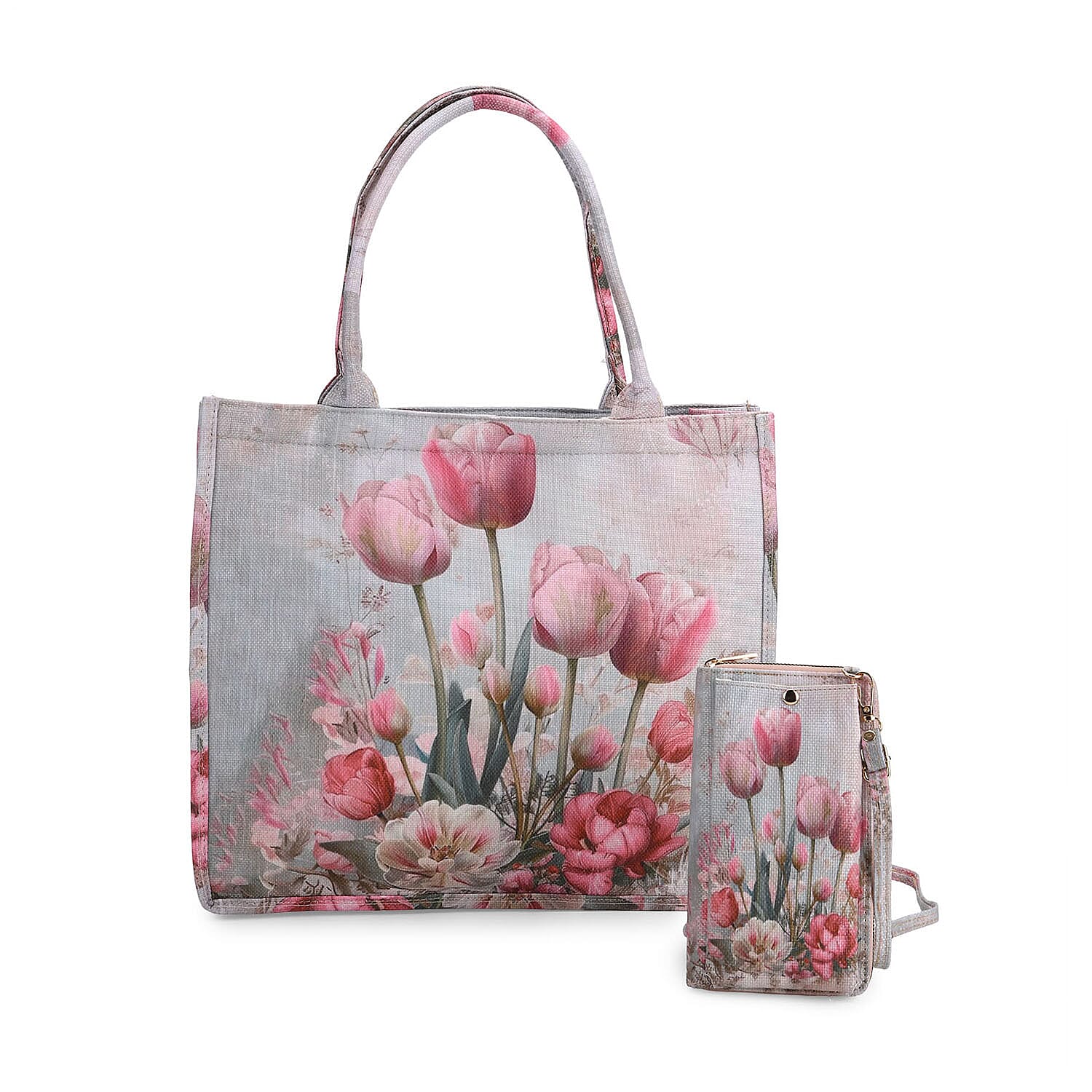 2 Piece Set - Flower Pattern Tote Bag and Crossbody Bag