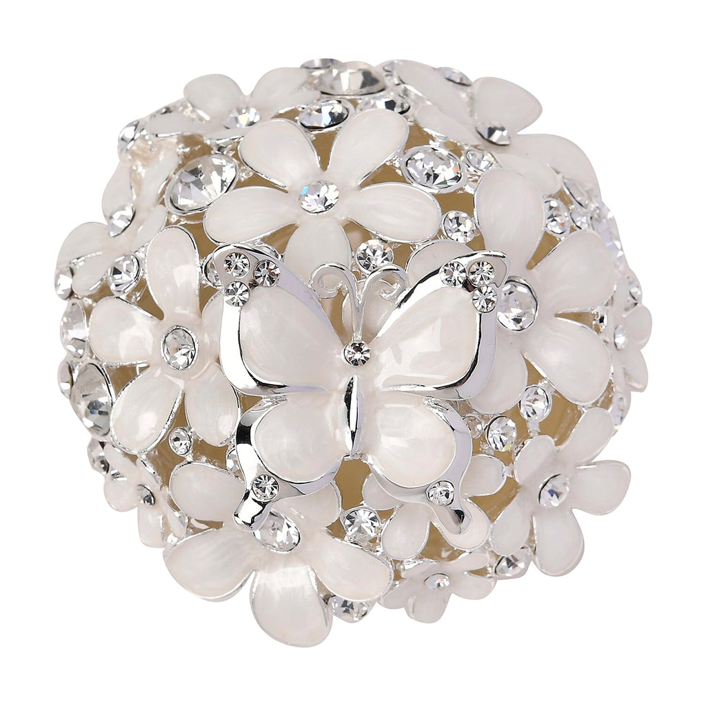 Bowknot Rhinestone Bejewelled Flower and Butterfly Trinket Box (Size 6.9x6.9x5.2 cm) - White