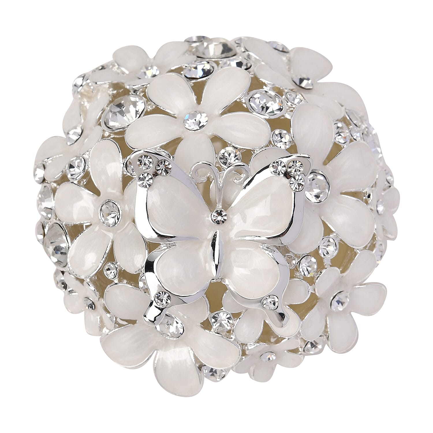Bowknot Rhinestone Bejewelled Flower and Butterfly Trinket Box (Size 6.9x6.9x5.2 cm) - White