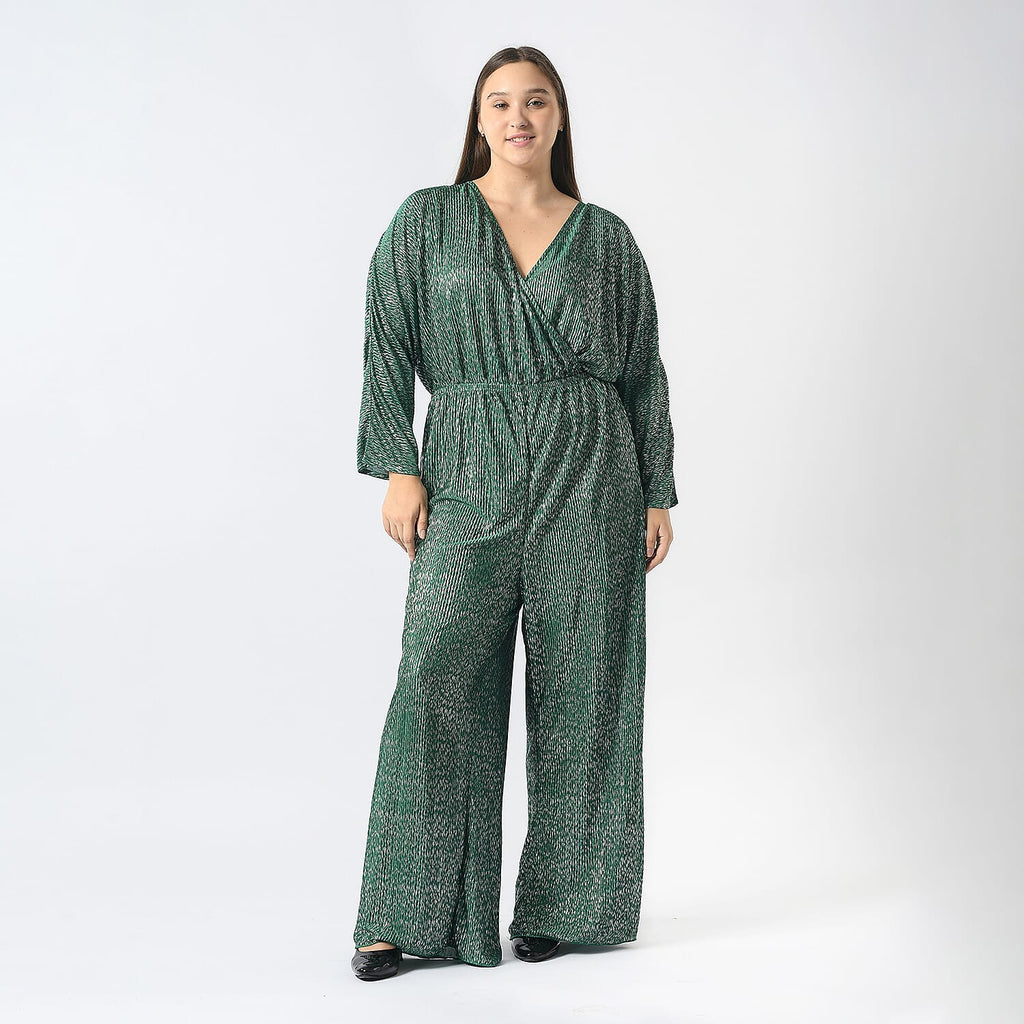 Pleated Jumpsuit with Metallic Detail & Elasticated Waist (Size L)  - Green