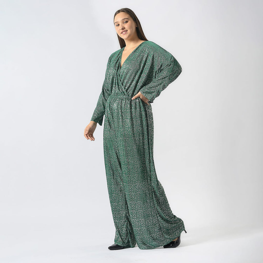 Pleated Jumpsuit with Metallic Detail & Elasticated Waist (Size L)  - Green