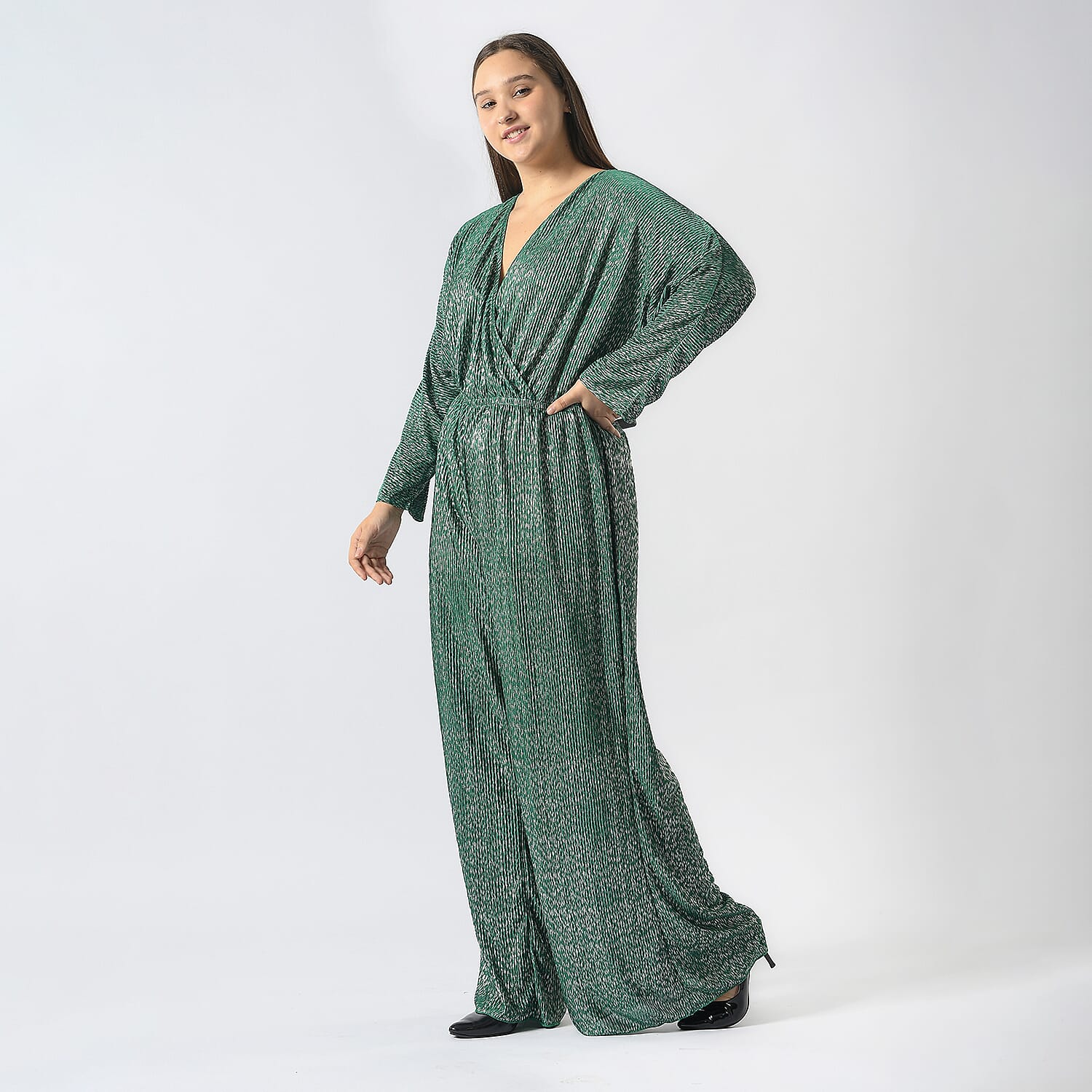 Pleated Jumpsuit with Metallic Detail & Elasticated Waist (Size L)  - Green
