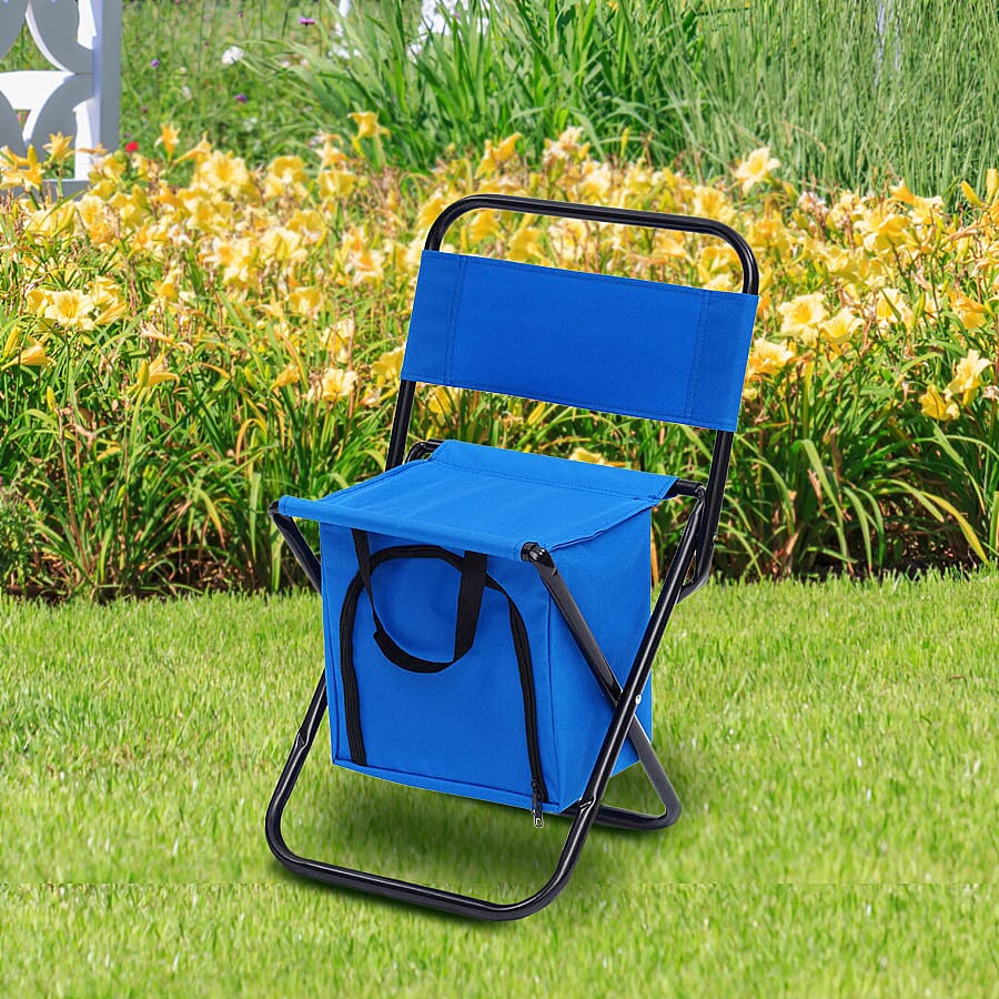 Foldable 2-in-1 Outdoor Stool with Built-in Cooler Bag (Size Stool- 59x27x31 Cm - Storage- 25x25x16 Cm) - Blue